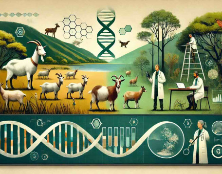 DALLE 2025 03 17 09.18.36 A visually engaging presentation slide that combines the themes of goat genetics and species conservation. On the left a serene countryside with dive copie